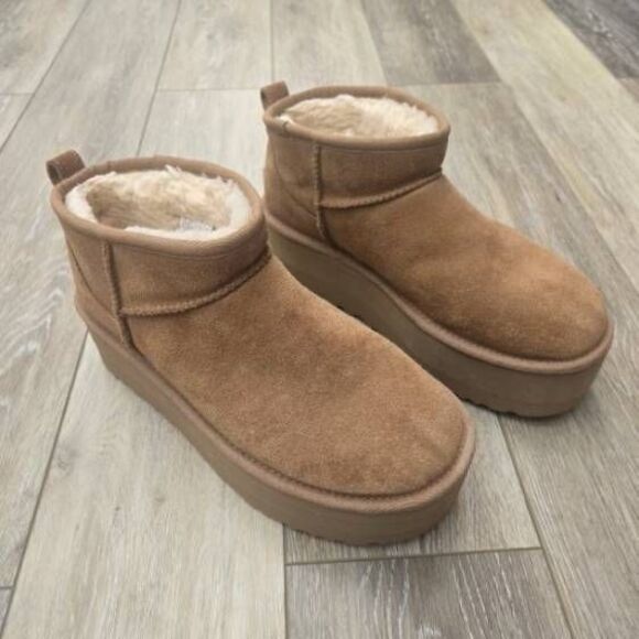UGG Classic Ultra Mini Platform chestnut tan suede boots warm winter size 9 - Picture 2 of 14